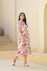 Pink Floral Printed Cotton Long Dress With Belt-P1169PINK
